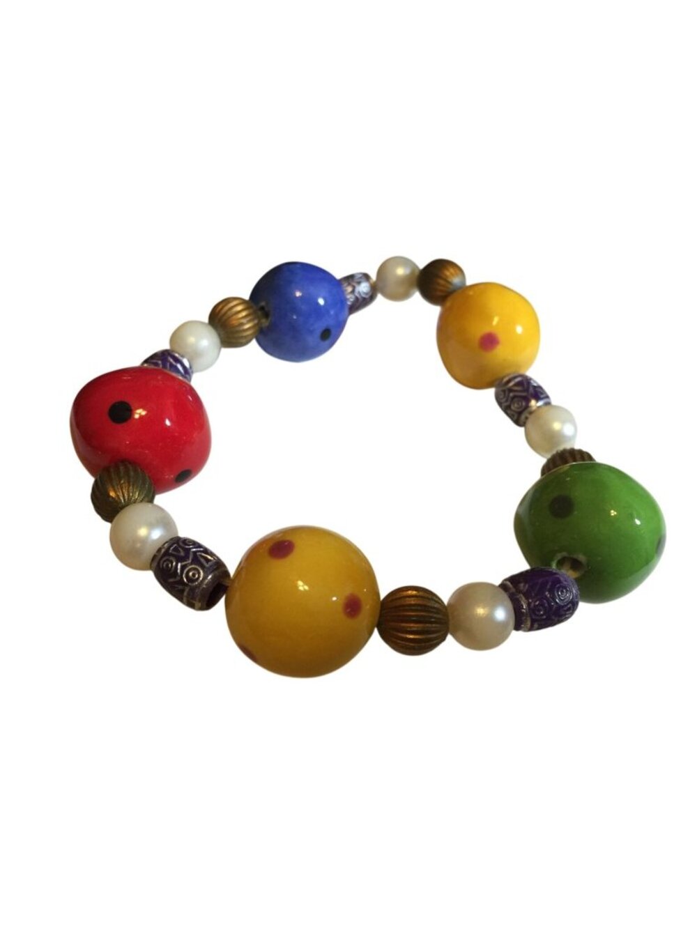 Vintage Colorful FUN Large Glass Dot Bead Stretch Bracelet Pearl & Brass Accents